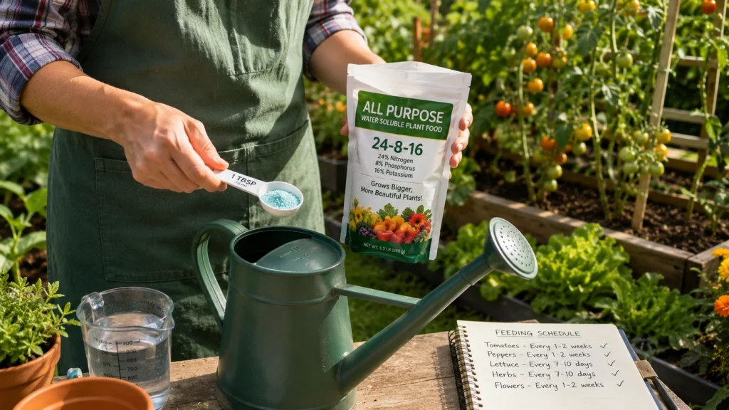 Gardener properly mixing soluble fertilizer before application.