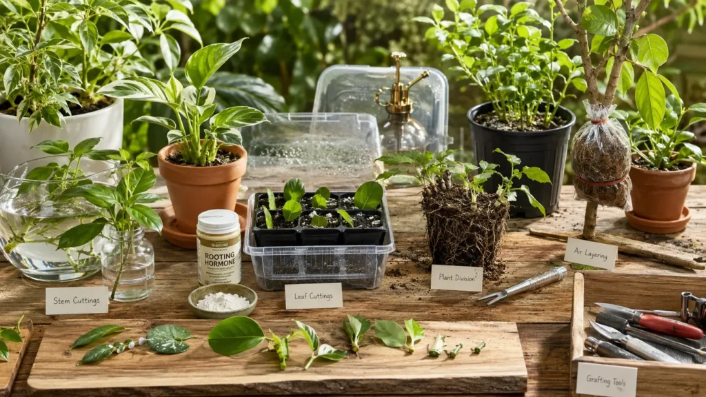 Gardener propagating a pothos plant using the stem cutting method.