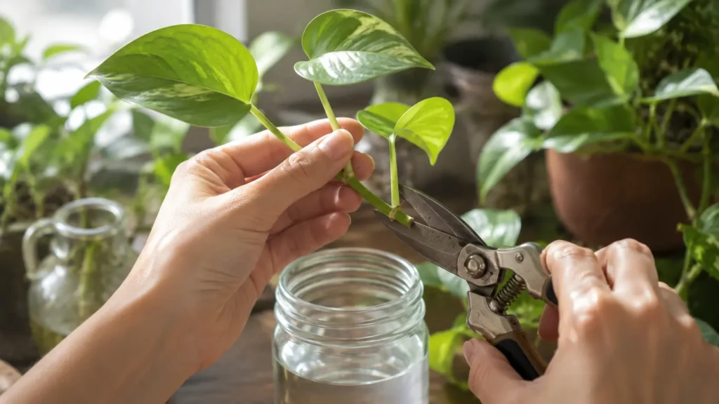 Gardener propagating a pothos plant using the stem cutting method.