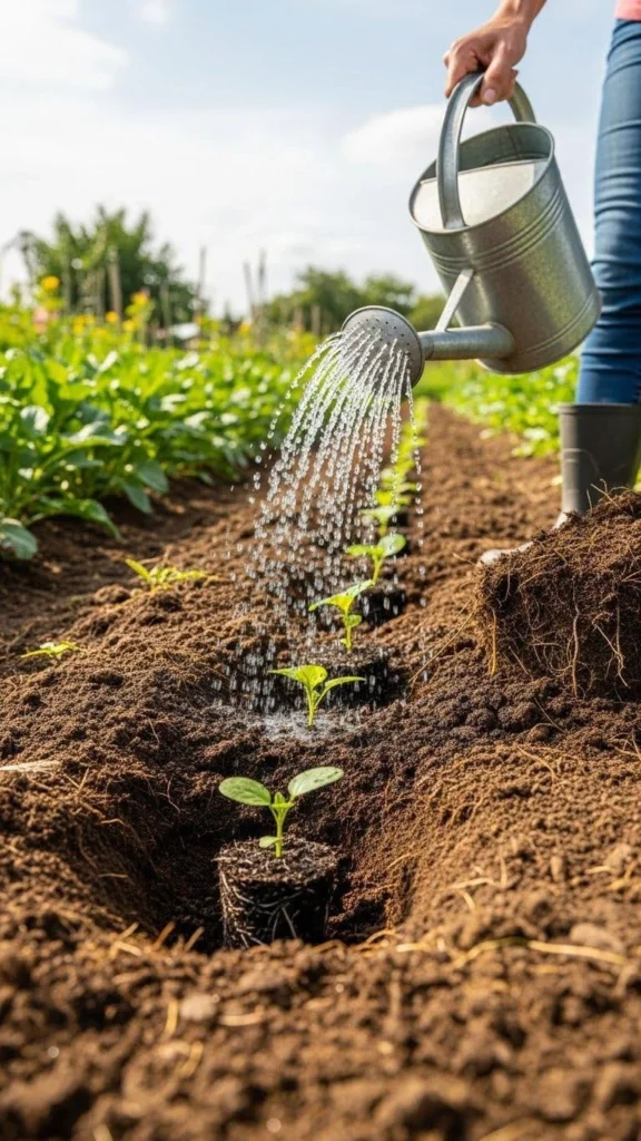 Gardener watering young vegetable seedlings in nutrient-rich soil to encourage healthy root growth and plant establishment