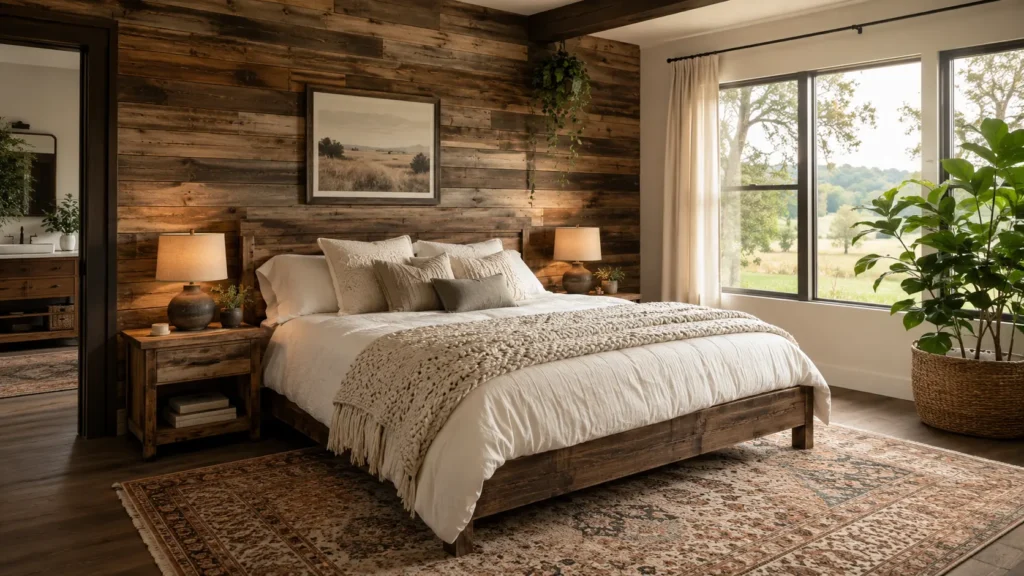 Reclaimed wood accent wall in a rustic farmhouse bedroom.