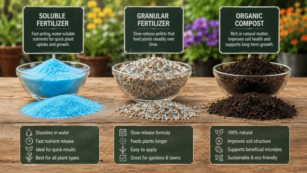 Comparison of soluble, granular, and organic fertilizers.