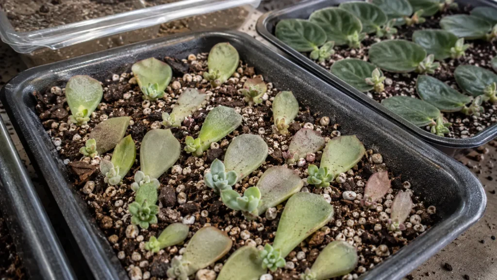 Succulent and African violet leaf cuttings producing new plantlets.