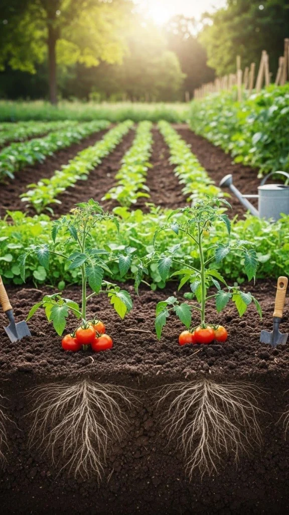 Tomato plants growing in fertile soil with deep root systems enhanced by root growth fertilizer in a vegetable garden