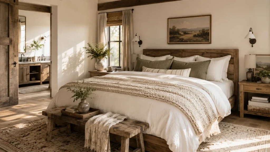 Wooden farmhouse bed with layered linen bedding in neutral tones.