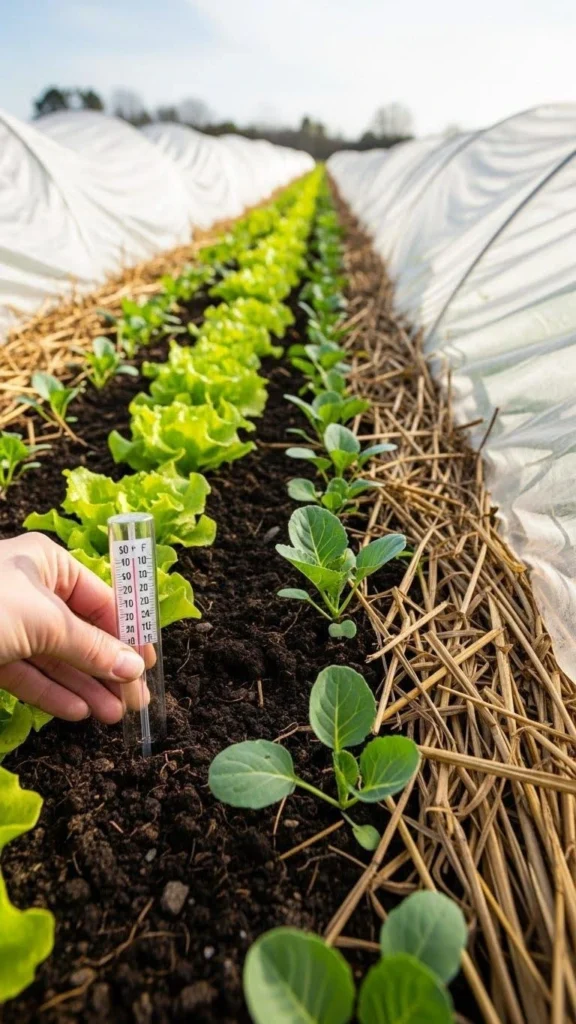 Farmer measuring soil temperature in a protected vegetable garden with lettuce and leafy green seedlings growing under row covers.