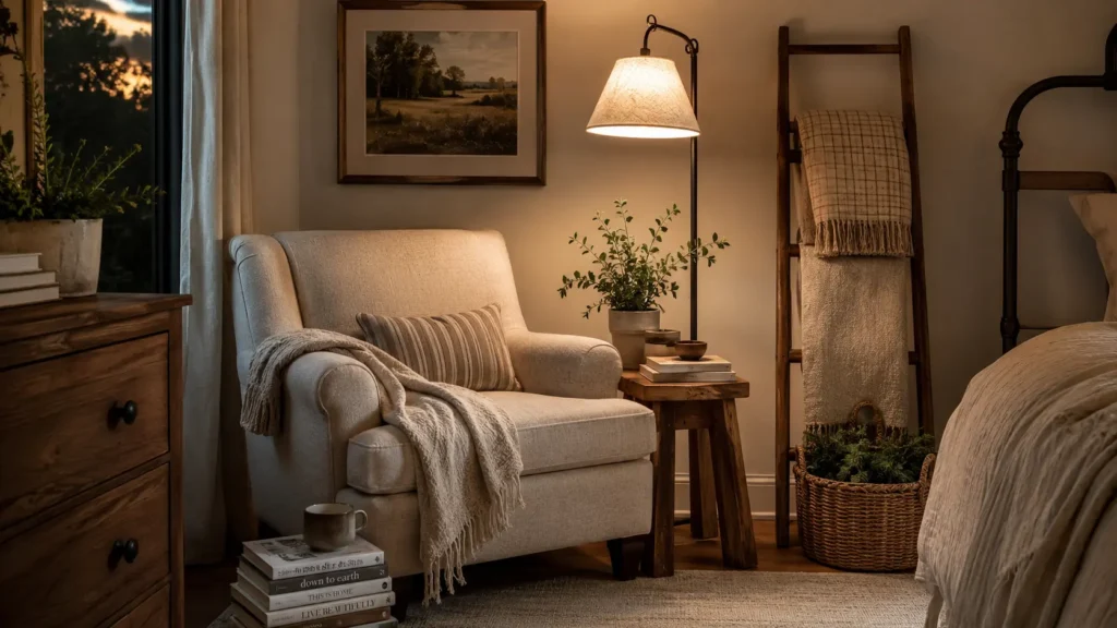 Cozy farmhouse bedroom reading corner with linen chair and blanket ladder.