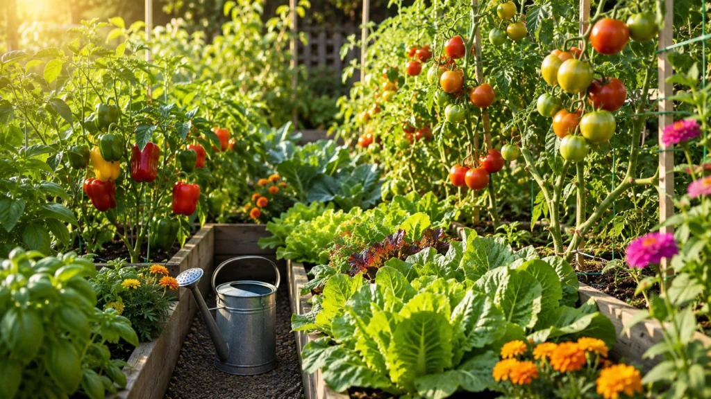 Healthy vegetable garden thriving after proper soluble fertilizer use.