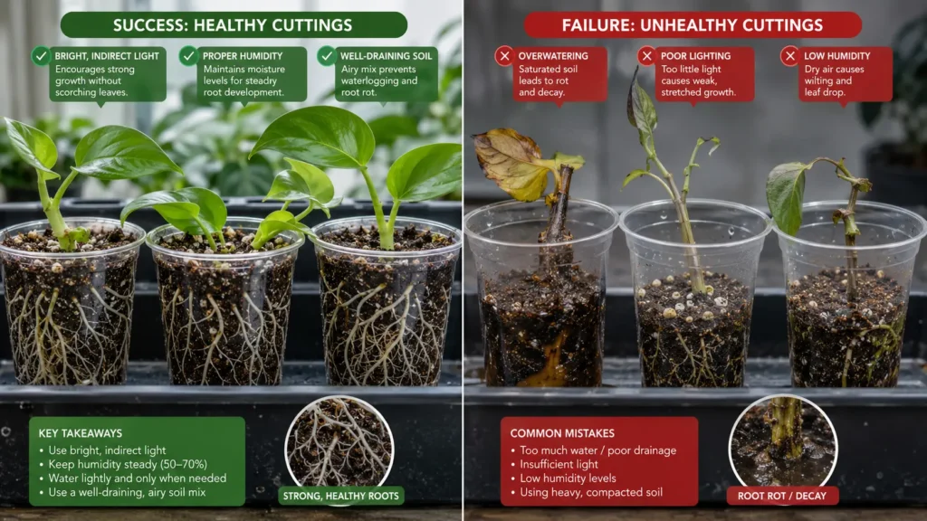 Comparison between successful and failed asexual plant propagation cuttings.