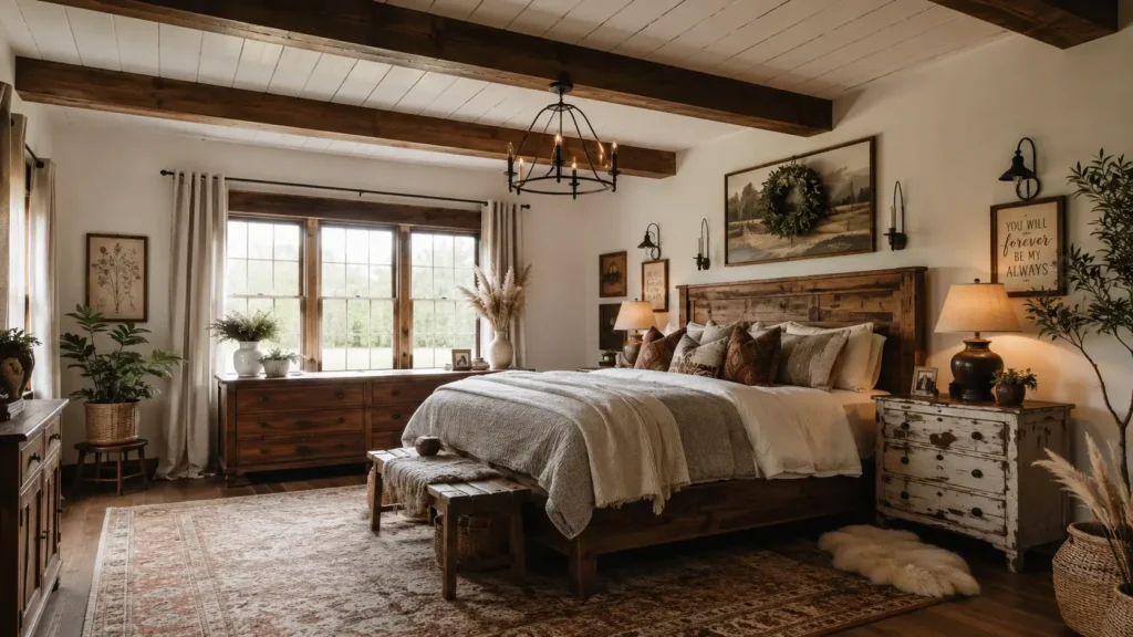 Complete rustic farmhouse bedroom with shiplap ceiling and vintage decor.