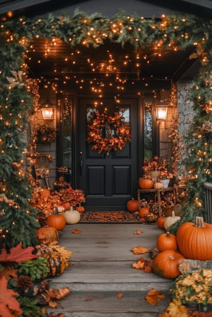 Layered fall porch design with varying heights and focal points