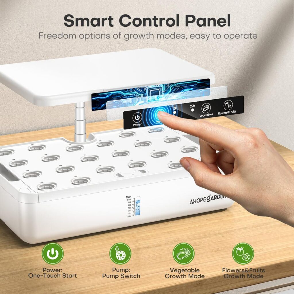 Smart AeroGarden control panel with touchscreen and app connectivity.
