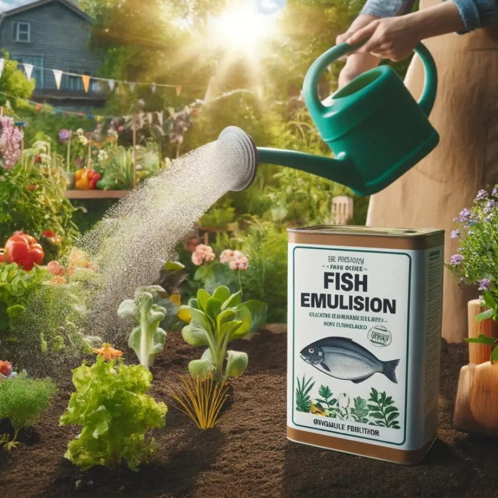 Applying fish emulsion fertilizer to tomato plants in a vegetable garden.