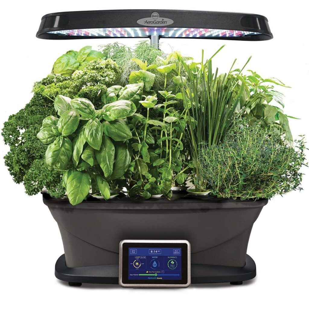 AeroGarden Sprout, Harvest, Bounty, and Farm models compared by size.