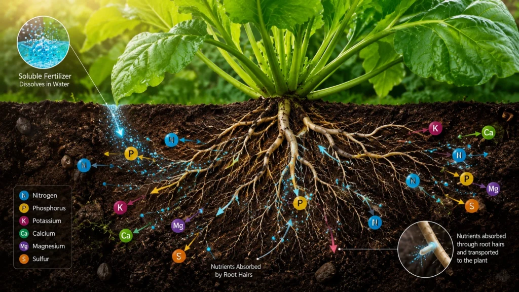 Plant roots absorbing dissolved nutrients from soluble fertilizer in the soil.