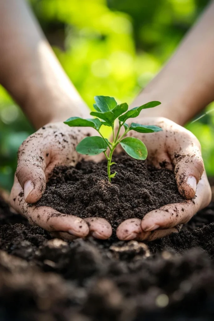 Hands holding rich soil with a young green seedling growing outdoors in a garden.