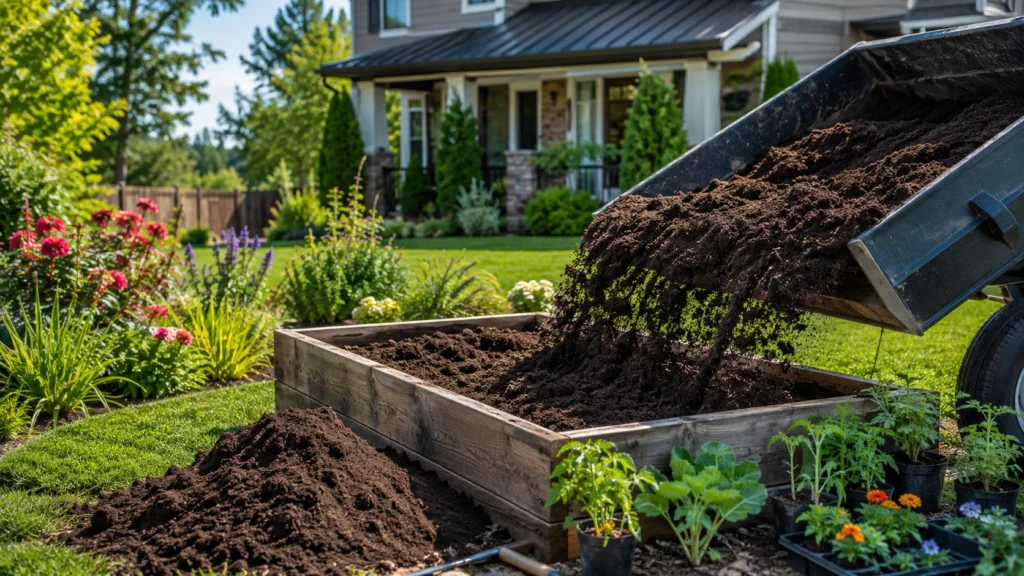 Bulk garden soil being used for a residential backyard garden bed