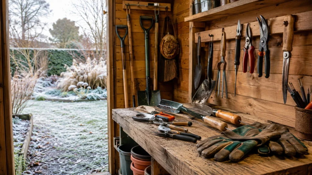 Clean garden tools stored for winter garden preparation
