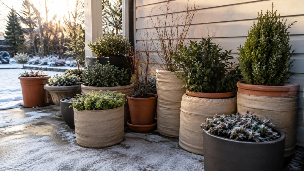 Container plants protected from winter cold on a sheltered patio