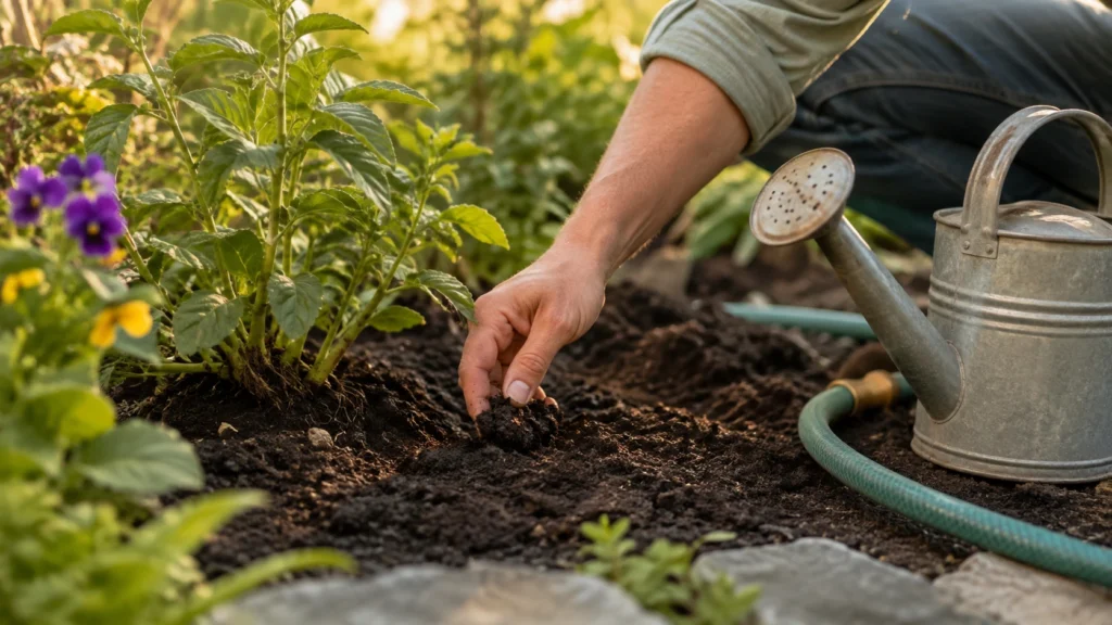 Gardener checking soil moisture before watering garden plants