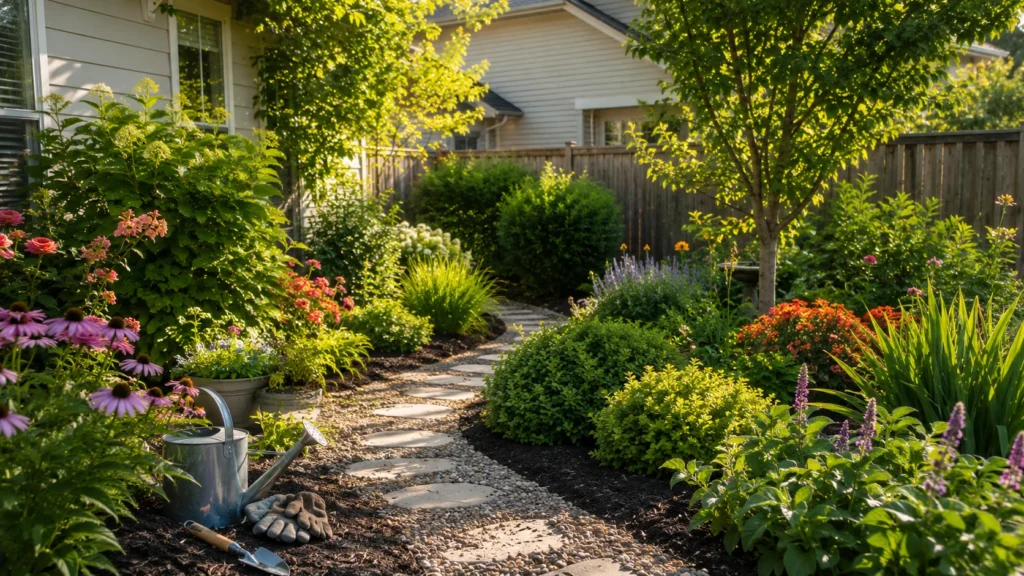 Healthy backyard garden showing regular garden maintenance and plant care