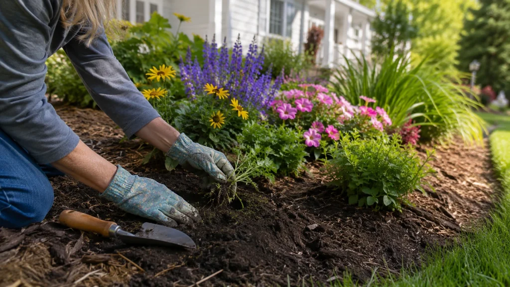 Gardener removing weeds and maintaining mulch in a flower bed
