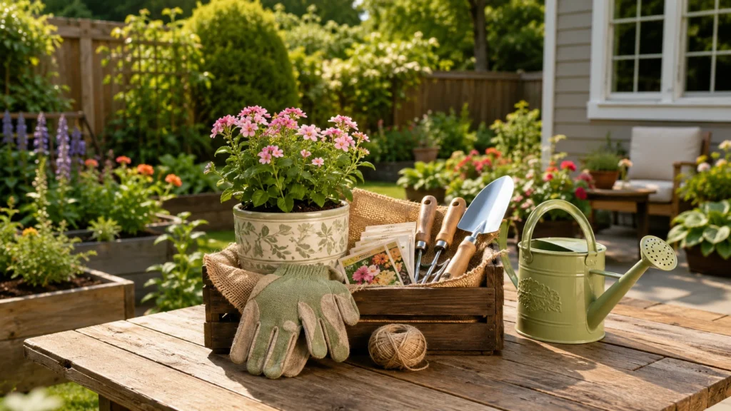 Garden present ideas with gardening tools, plants, seeds, and outdoor décor