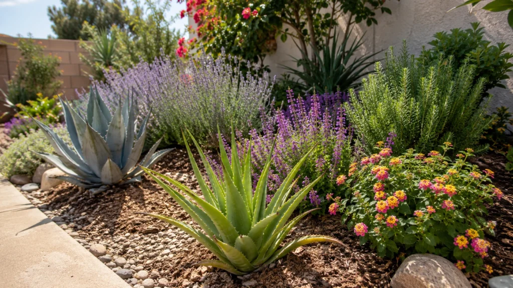 Low-water Zone 10 garden with aloe agave rosemary and salvia