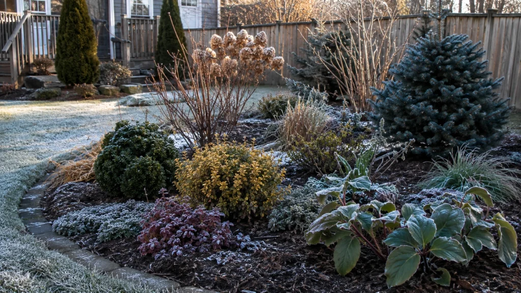 Winter-hardy plants surviving cold weather in a U.S. garden