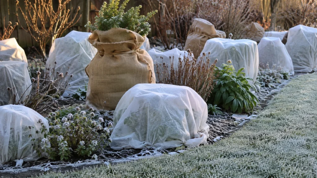 Frost cloth protecting sensitive plants from winter frost