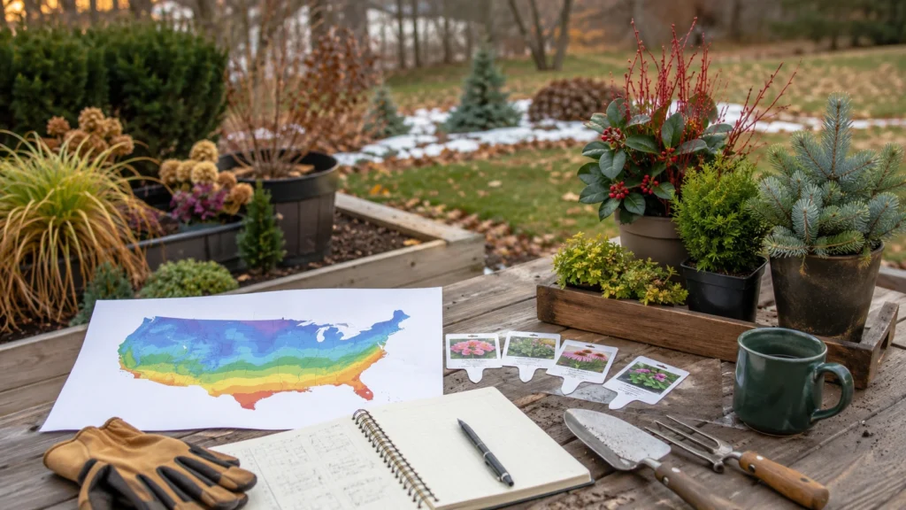 Gardener checking USDA Hardiness Zone for winter plants