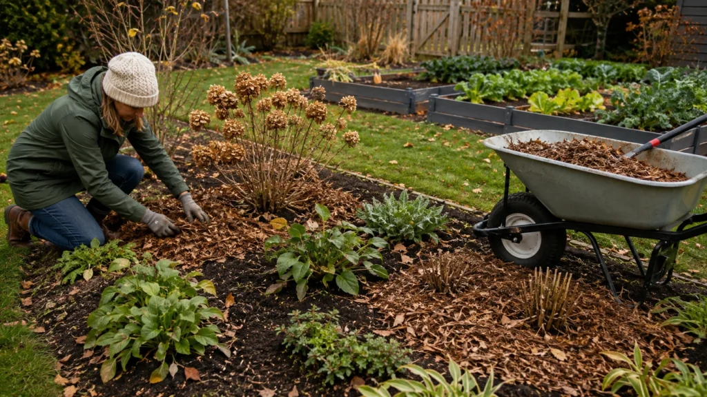 Garden beds cleaned and mulched for winter preparation