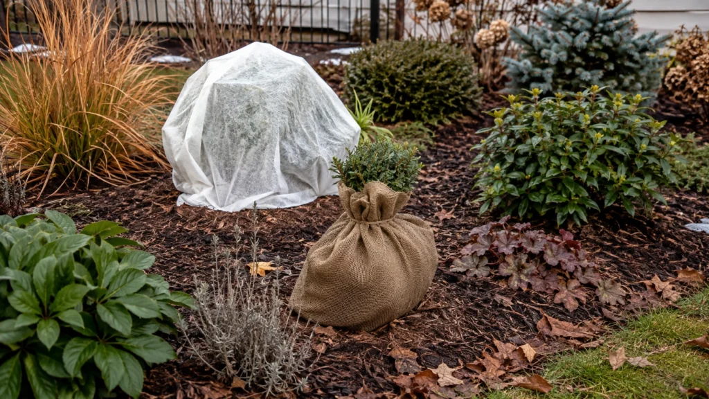 Winter plant protection using mulch frost cloth and burlap