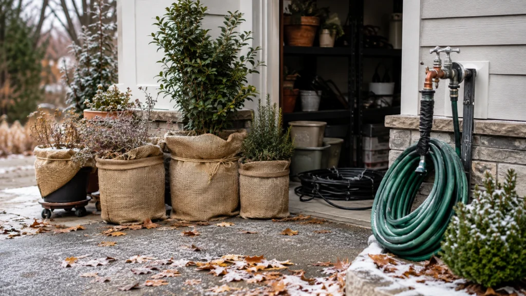 Container plants and garden hoses prepared for winter