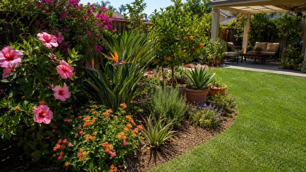 Zone 10 plants growing in a sunny backyard garden
