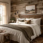Cozy rustic farmhouse bedroom with reclaimed wood wall, linen bedding, and warm natural lighting.