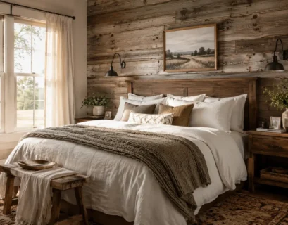 Cozy rustic farmhouse bedroom with reclaimed wood wall, linen bedding, and warm natural lighting.