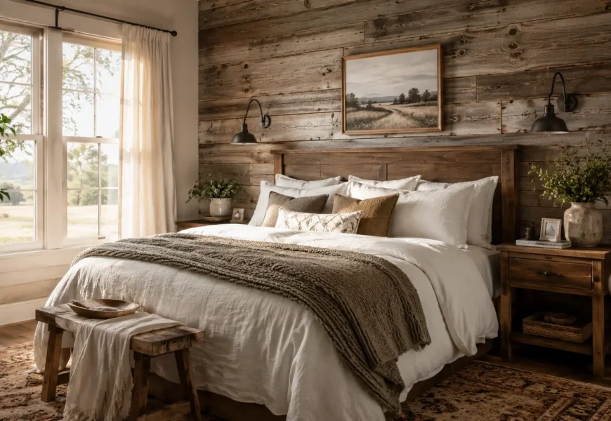 Cozy rustic farmhouse bedroom with reclaimed wood wall, linen bedding, and warm natural lighting.