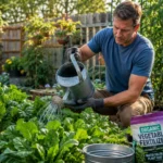 Gardener applying soluble fertilizer to healthy vegetable plants in a backyard garden.