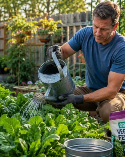 Gardener applying soluble fertilizer to healthy vegetable plants in a backyard garden.