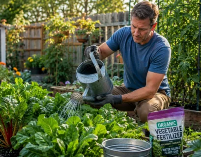 Gardener applying soluble fertilizer to healthy vegetable plants in a backyard garden.