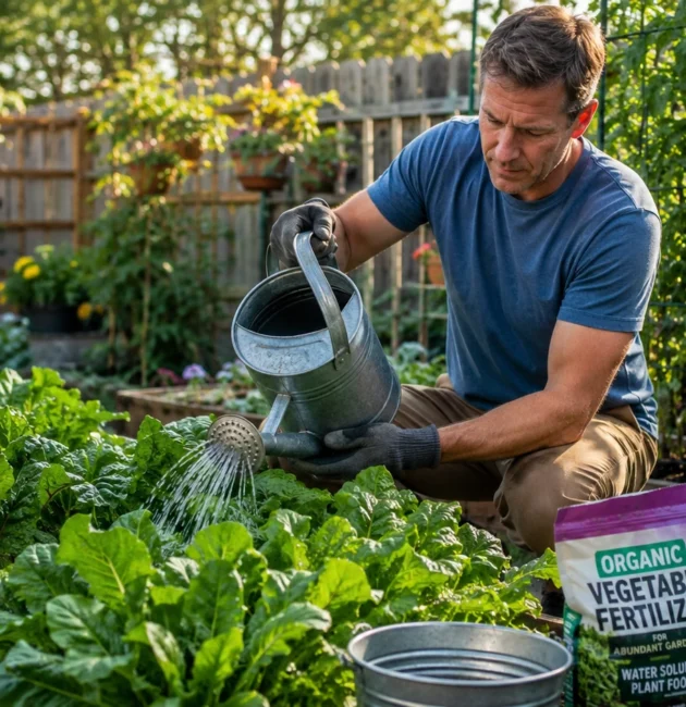 Gardener applying soluble fertilizer to healthy vegetable plants in a backyard garden.