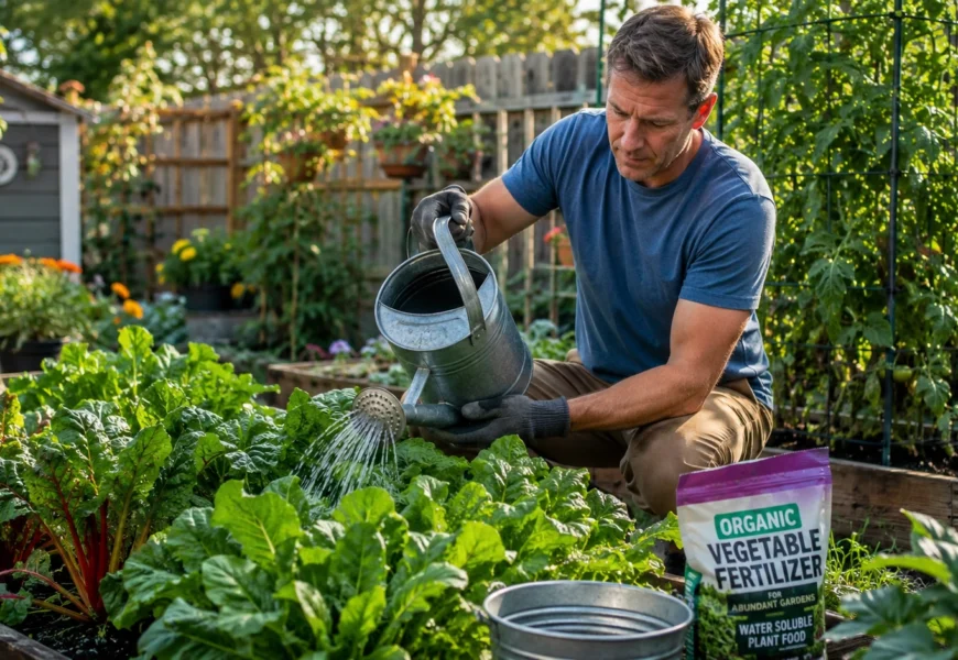 Gardener applying soluble fertilizer to healthy vegetable plants in a backyard garden.